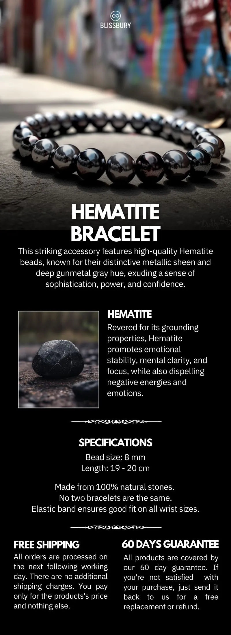 Believe London Hematite Therapy Bracelet With Jewelry Bag & Meaning Card |  Strong Elastic | Precious Natural Stones Healing, One Size, Gemstone,  hematite : Buy Online at Best Price in KSA -
