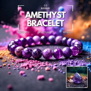 Amethyst Bracelet - Serenity, Spirituality, Wisdom, featuring polished purple amethyst beads strung on an elastic cord.
