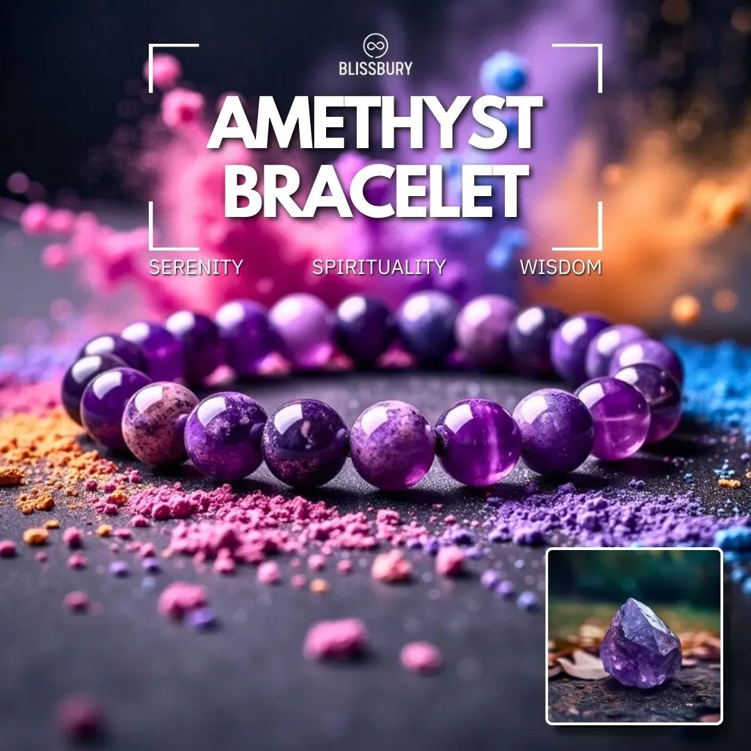 Amethyst Bracelet - Serenity, Spirituality, Wisdom, featuring polished purple amethyst beads strung on an elastic cord.