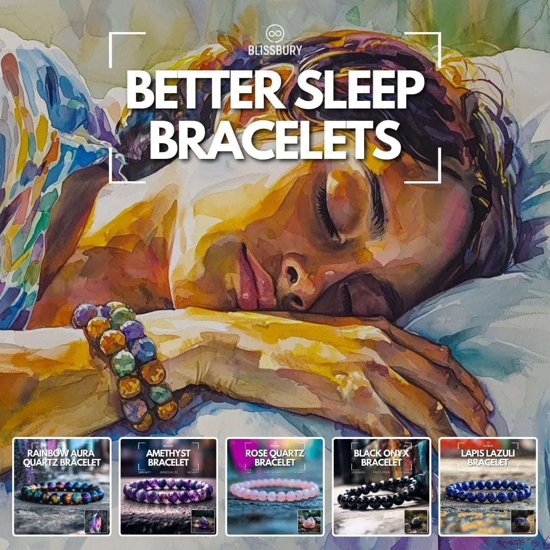 Better Sleep Bracelets: Two stylish, woven bracelets, one blue and one beige, designed for improved sleep.