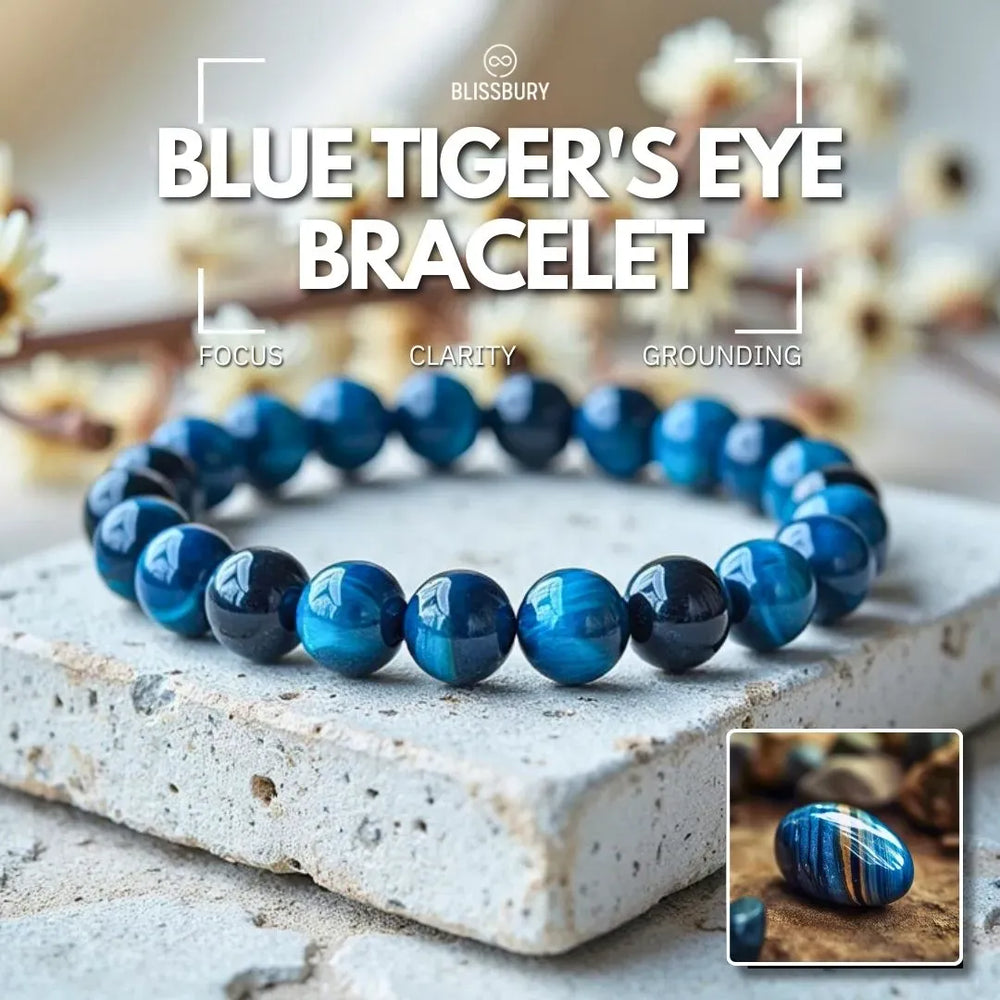 Blue Tiger's Eye Bracelet for Focus, Clarity, Grounding - Smooth, polished blue and black striped beads.