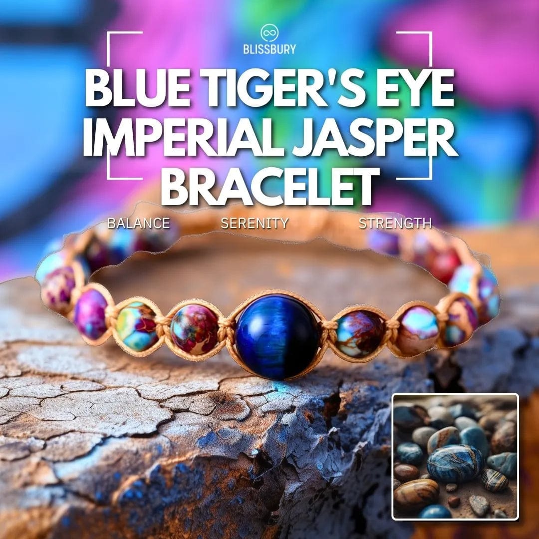 Blue Tiger's Eye Imperial Jasper Bracelet - Balance, Serenity, Strength, featuring polished blue and brown striped beads.