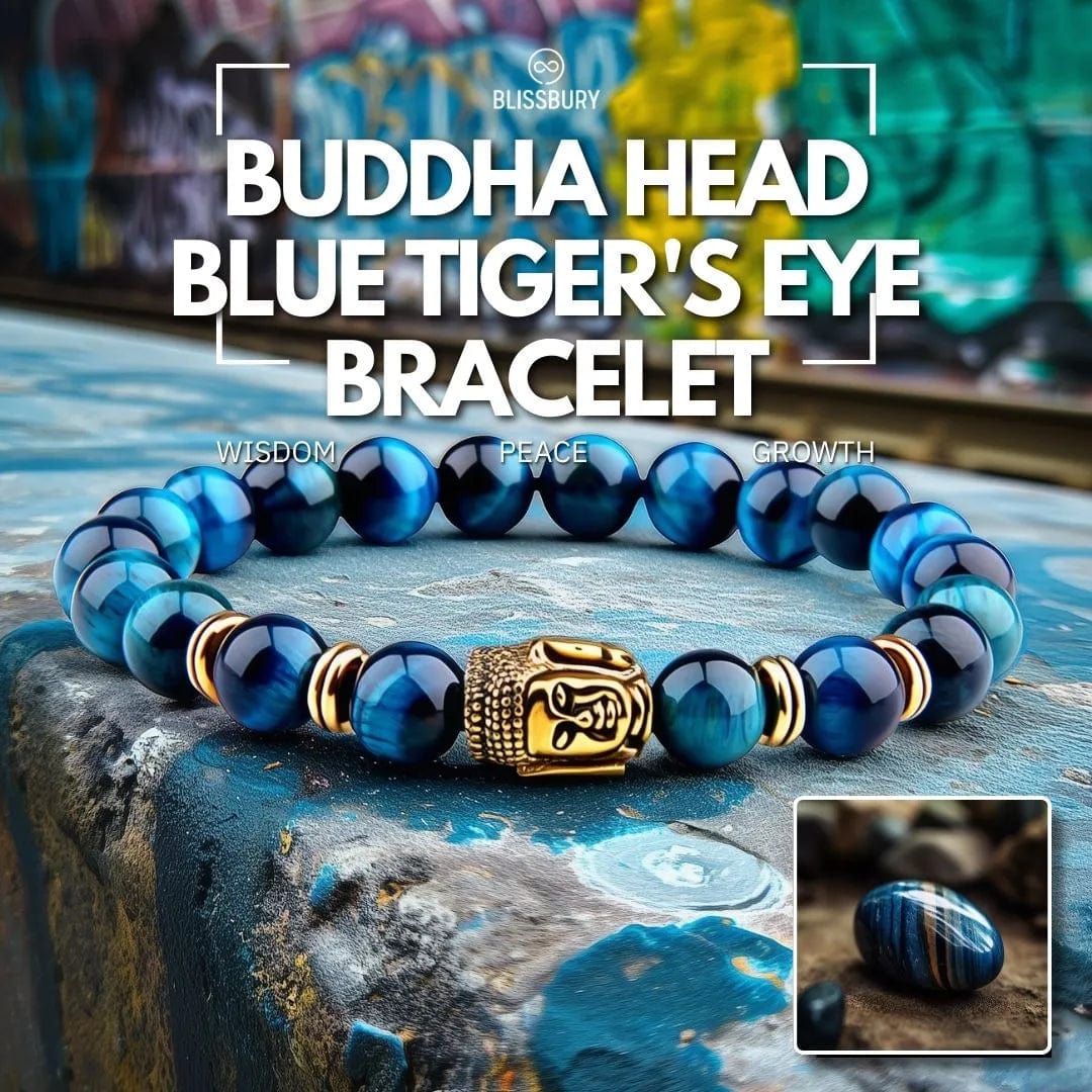 Buddha Head Blue Tiger's Eye Bracelet for Wisdom, Peace, Growth.
