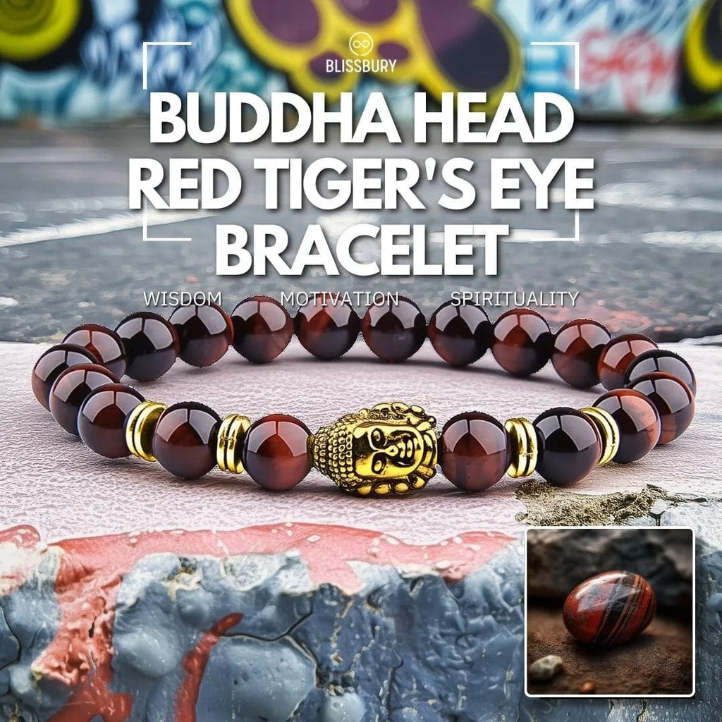 Buddha Head Red Tiger's Eye Bracelet - Wisdom, Motivation, Spirituality, featuring a prominent red tiger's eye stone and a