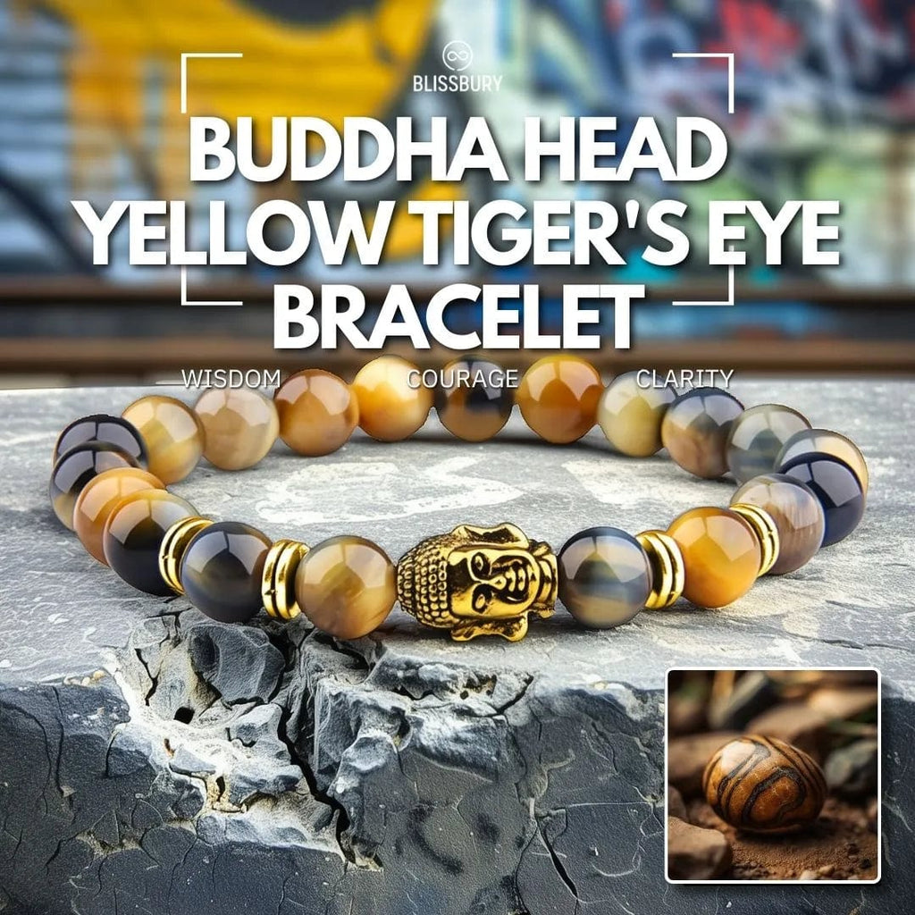 Yellow Tiger's Eye Buddha head bracelet for wisdom, courage, and clarity.