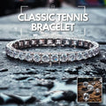 Classic Tennis Bracelet - Elegance, Sophistication, Timeless. Close-up of a delicate sterling silver tennis bracelet with