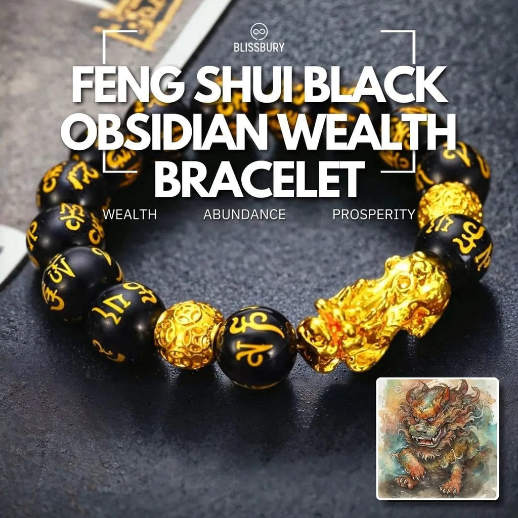 Feng Shui Black Obsidian Wealth Bracelet, featuring polished black beads for wealth and abundance.