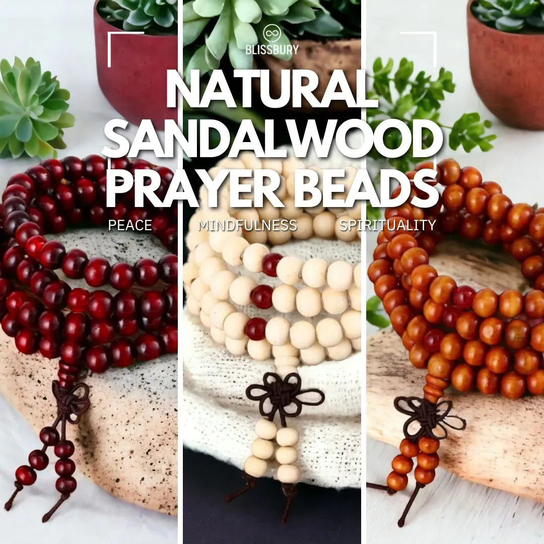 Natural Sandalwood Prayer Beads for peace, mindfulness, and spirituality, showing smooth, polished beads.