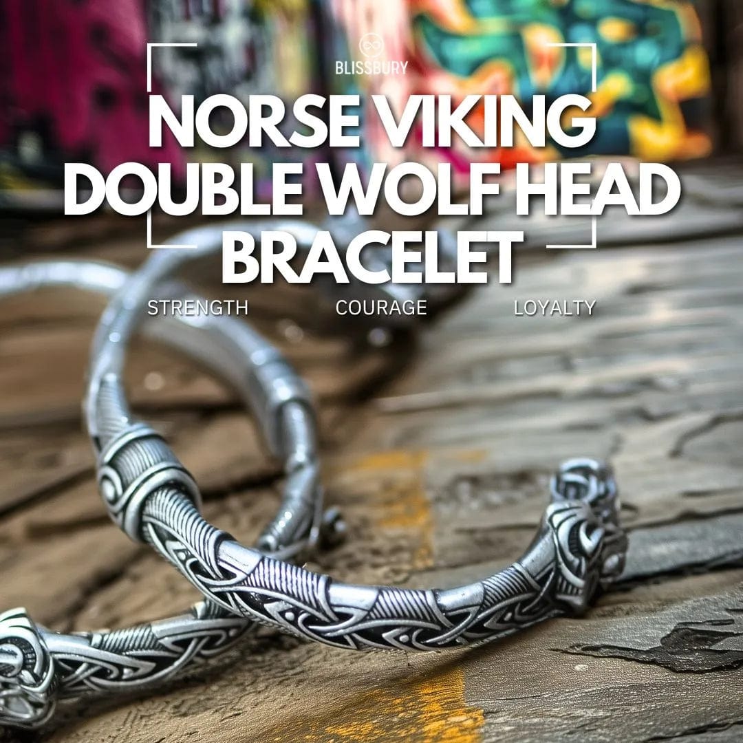 Norse Viking Double Wolf Head Bracelet - Strength, Courage, Loyalty