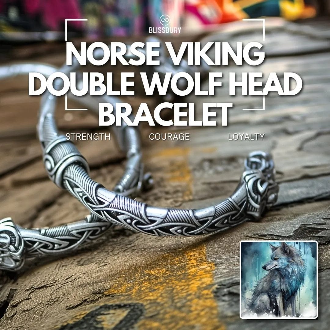 Norse Viking Double Wolf Head Bracelet - Strength, Courage, Loyalty, featuring two intricately carved wolf heads.