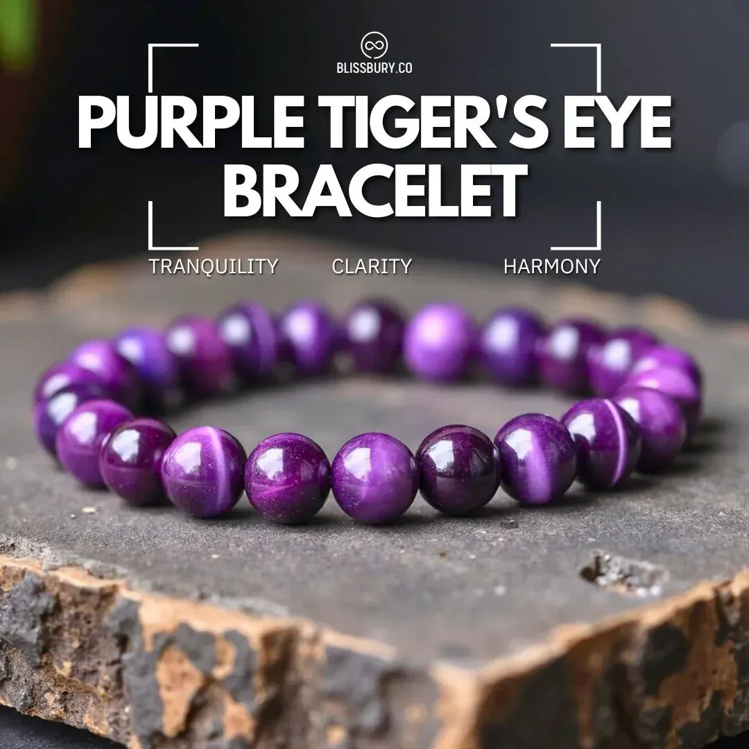 Close-up of a Purple Tiger's Eye Bracelet - Tranquility, Clarity, Harmony (Large), showcasing smooth, banded purple and