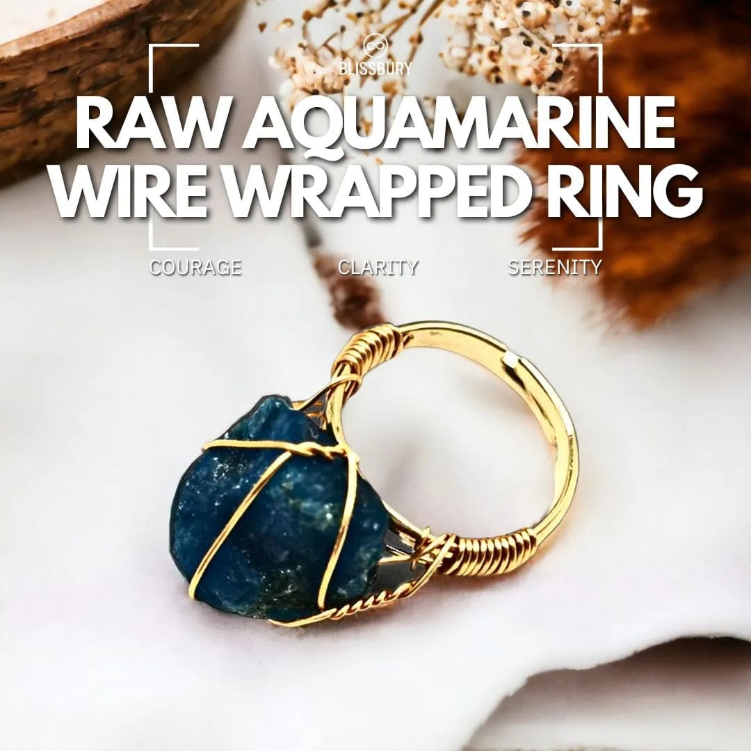 Raw Aquamarine Wire Wrapped Ring - Courage, Clarity, Serenity