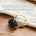 Raw black obsidian wire-wrapped ring with a growth, empowerment, and protection theme.