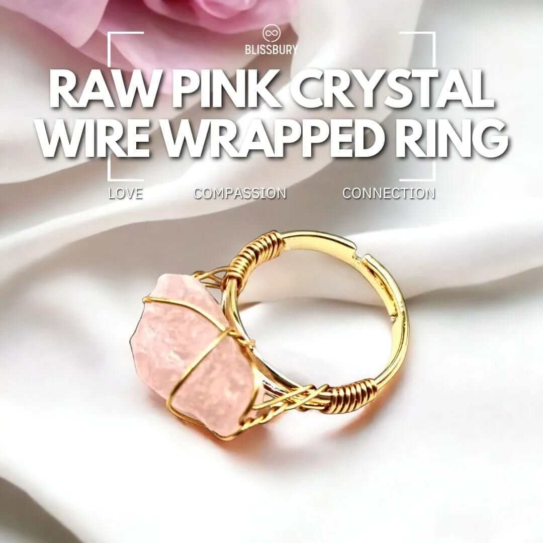 Raw pink crystal wire-wrapped ring, symbolizing love, compassion, and connection.