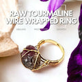 Raw tourmaline wire wrapped ring - a black tourmaline crystal wrapped in silver wire on a ring band.