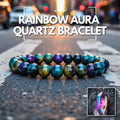 Rainbow Aura Quartz Bracelet, showcasing shimmering, iridescent crystal beads with a soft glow, promoting spirituality and