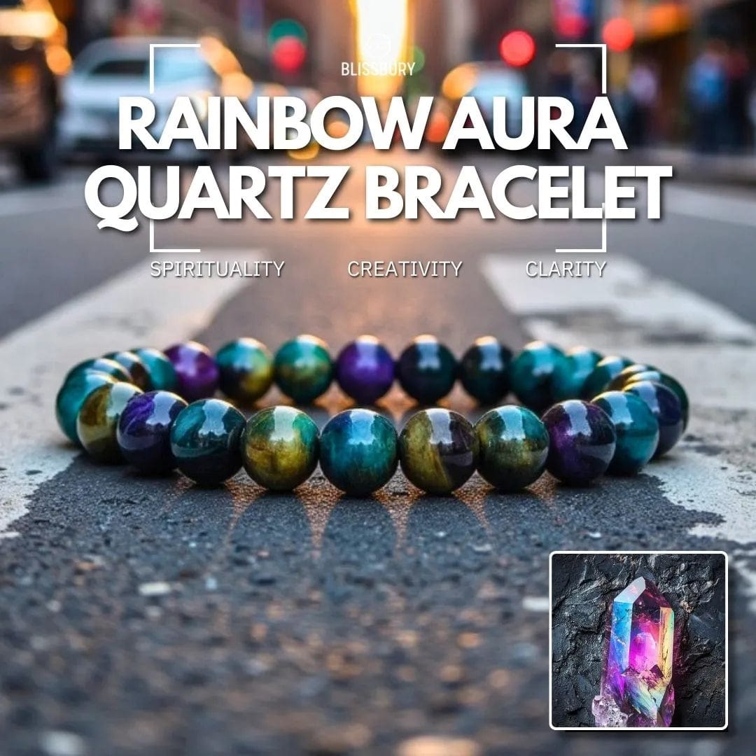 Rainbow Aura Quartz Bracelet, showcasing shimmering, iridescent crystal beads with a soft glow, promoting spirituality and