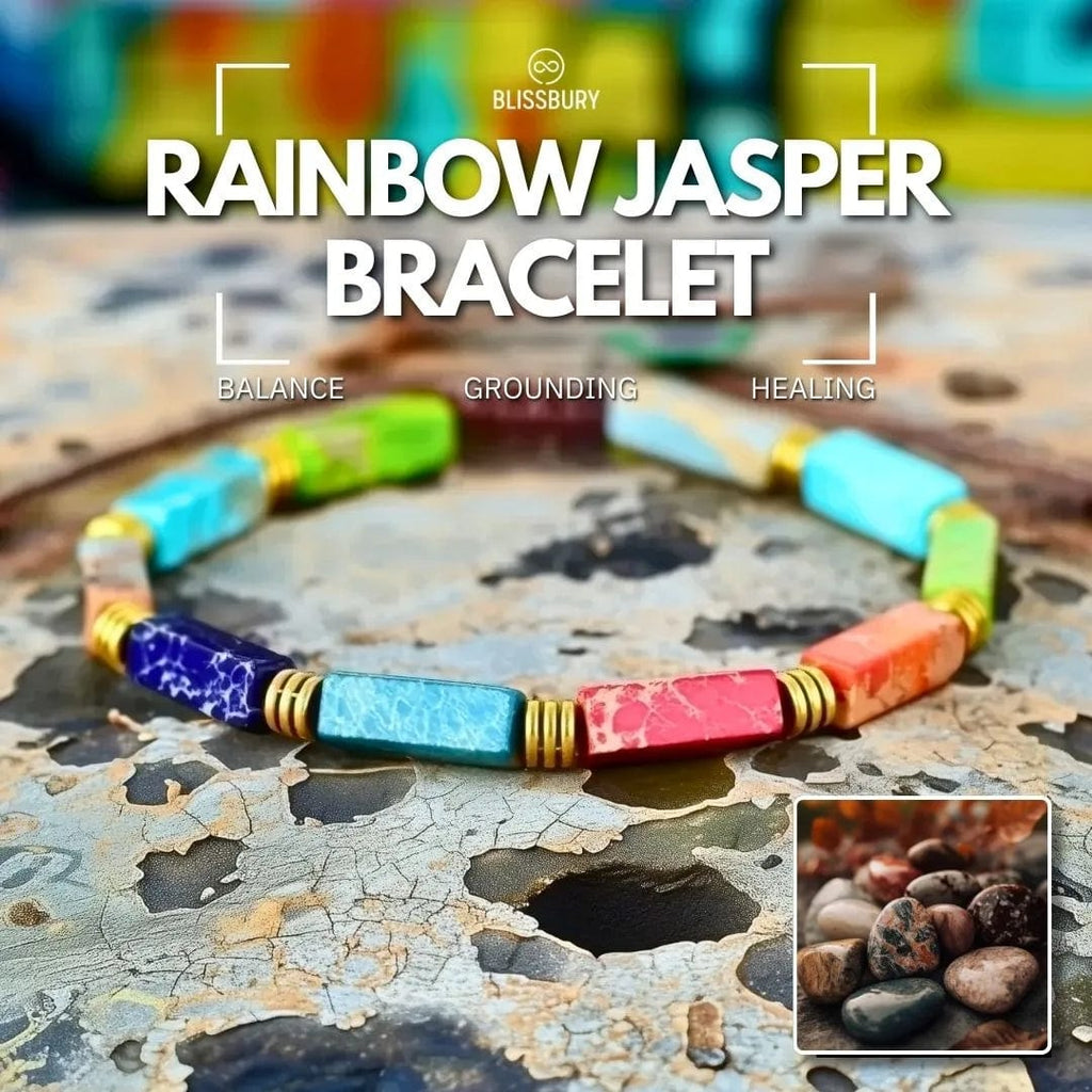 Rainbow Jasper bracelet with smooth, polished stones promoting balance, grounding, and healing.