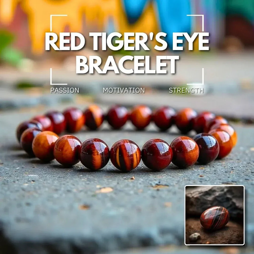 Red Tiger's Eye Bracelet with prominent red and brown bands, symbolizing passion, motivation, and strength.