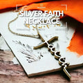 Silver Faith Necklace - Strength, Faith, Devotion, featuring a delicate chain and a pendant with intricate engravings.