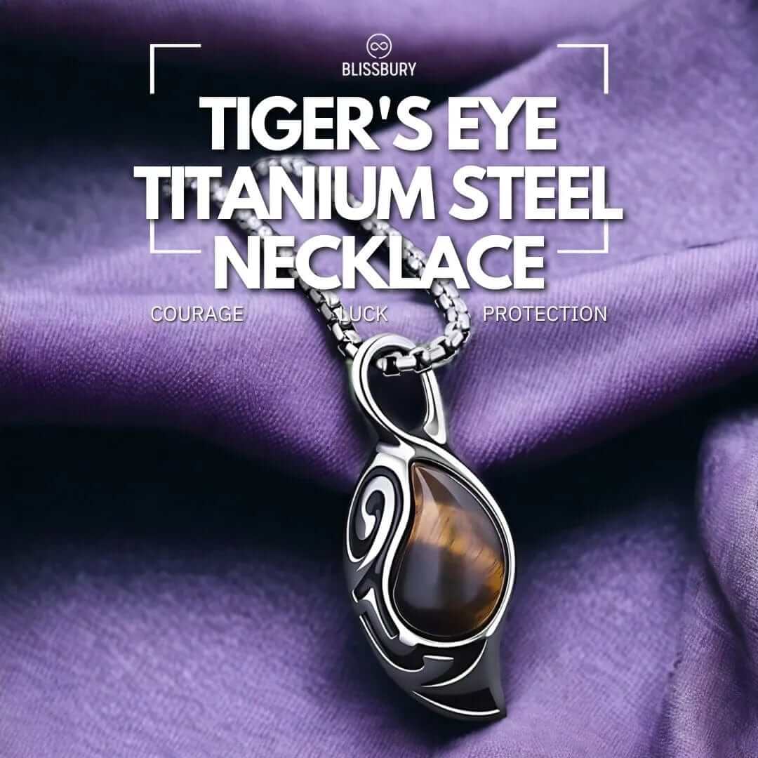 Tiger's Eye Titanium Steel Necklace - Courage, Luck, Protection, featuring a polished tiger's eye stone pendant on a silver